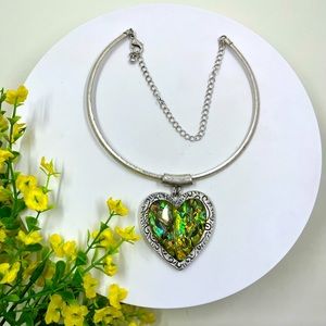 Iridescent Green and Silver Heart Necklace
